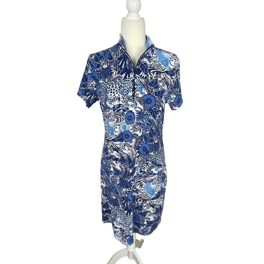 IBKUL Bamboo Garden Short Sleeve Dress Blue White Sz M Tennis Pickleball Golf